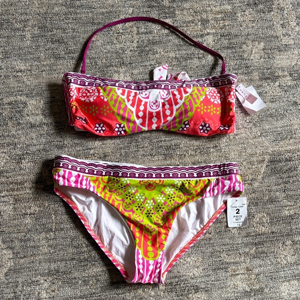 Trina Turk women’s NWT size 12 Bright Pink & Lime Patterned Bikini Two-Piece